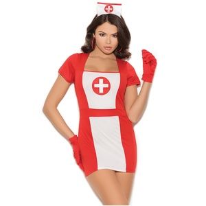 Red Nurse Costume Uniform Dress Gloves and Retro Style Hat
